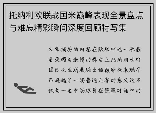 托纳利欧联战国米巅峰表现全景盘点与难忘精彩瞬间深度回顾特写集