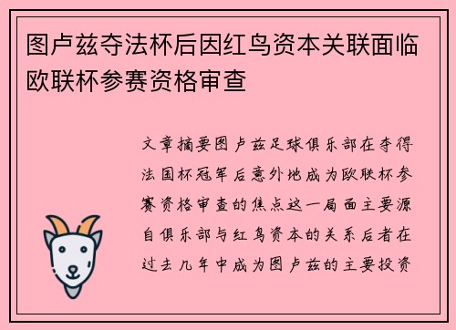 图卢兹夺法杯后因红鸟资本关联面临欧联杯参赛资格审查 图卢兹夺法杯后因红鸟资本关联面临欧联杯参赛资格审查