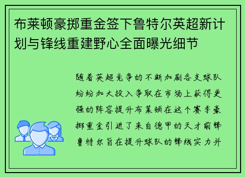 布莱顿豪掷重金签下鲁特尔英超新计划与锋线重建野心全面曝光细节