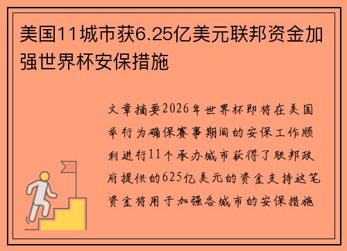 美国11城市获6.25亿美元联邦资金加强世界杯安保措施